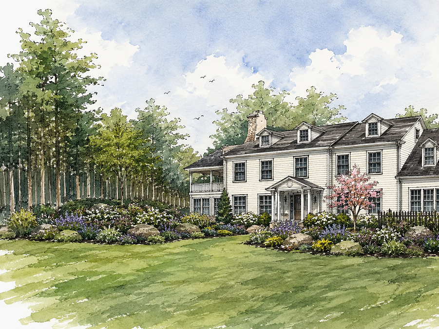 Watercolor rendering of an estate with lush gardens.