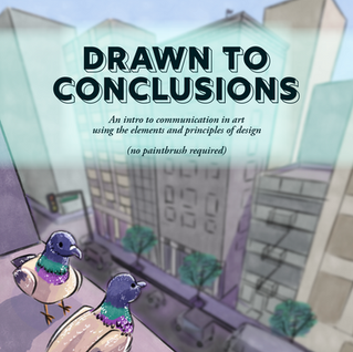 Book Cover titled Drawn to Conclusions by Katharine Cameron, with two pigeons on a rooftop above a blurred city street.