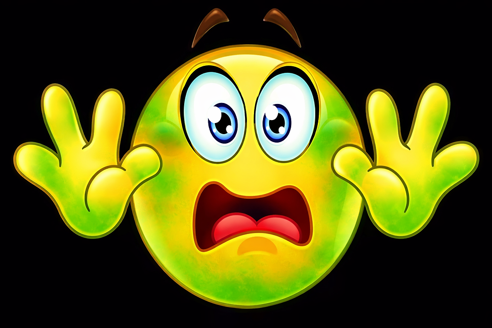 Gelbes Emoji mit großem, erschrockenem Gesichtsausdruck, erhobenen Händen und blau-weißen Augen auf schwarzem Hintergrund.