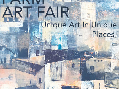 Oxmoor art fair poster with a picture of block faded houses and the details of the exhibition.