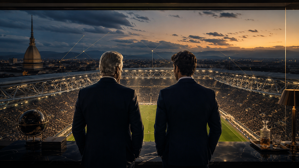 Estádio de futebol ao entardecer representando o legado e o controle da família Agnelli sobre a Juventus.