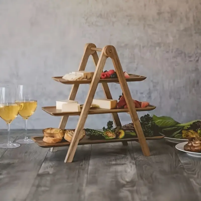 Miniaturbild: 3-stöckiges Servierregal aus Akazienholz – Etageren-Ständer für Antipasti, Käsep