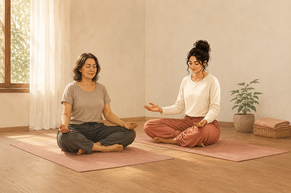 Ruuh Yog guide with seated female student teaching pranayama in private home session