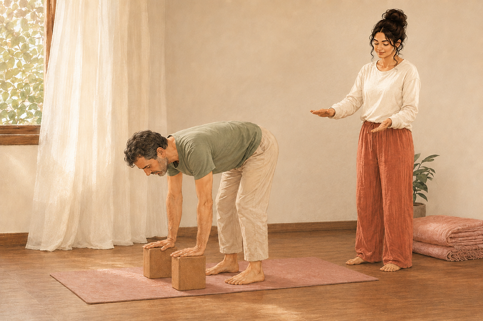 Ruuh Yog guide assisting male student with blocks in private home session