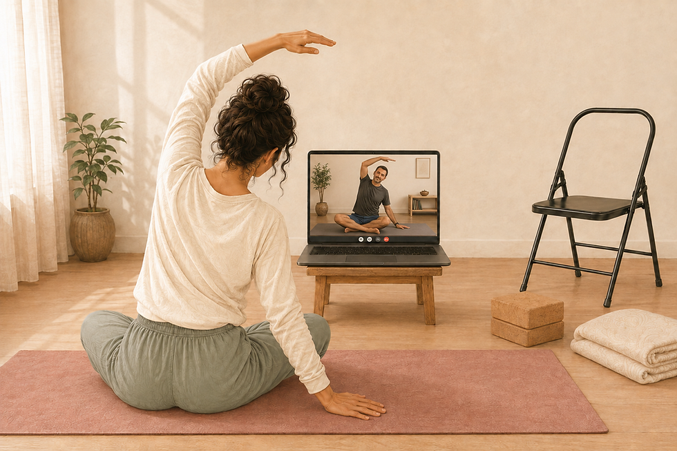 Ruuh Yog guide teaching a male student during a live online yoga class