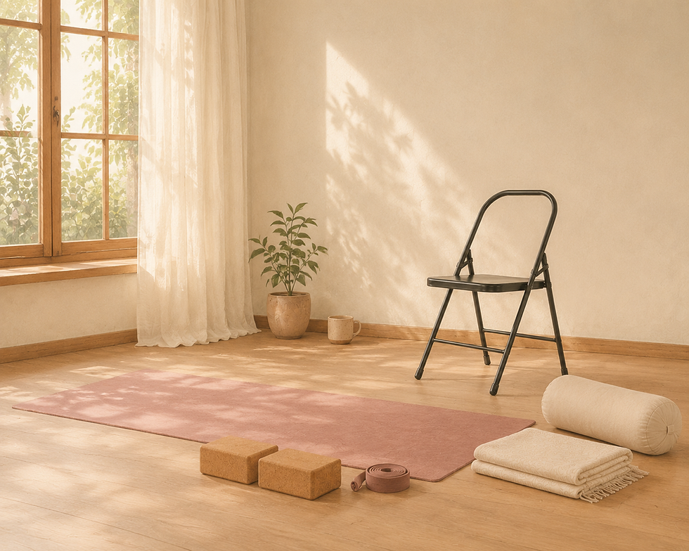 Ruuh Yog practice space prepared with a mat, yoga chair and props