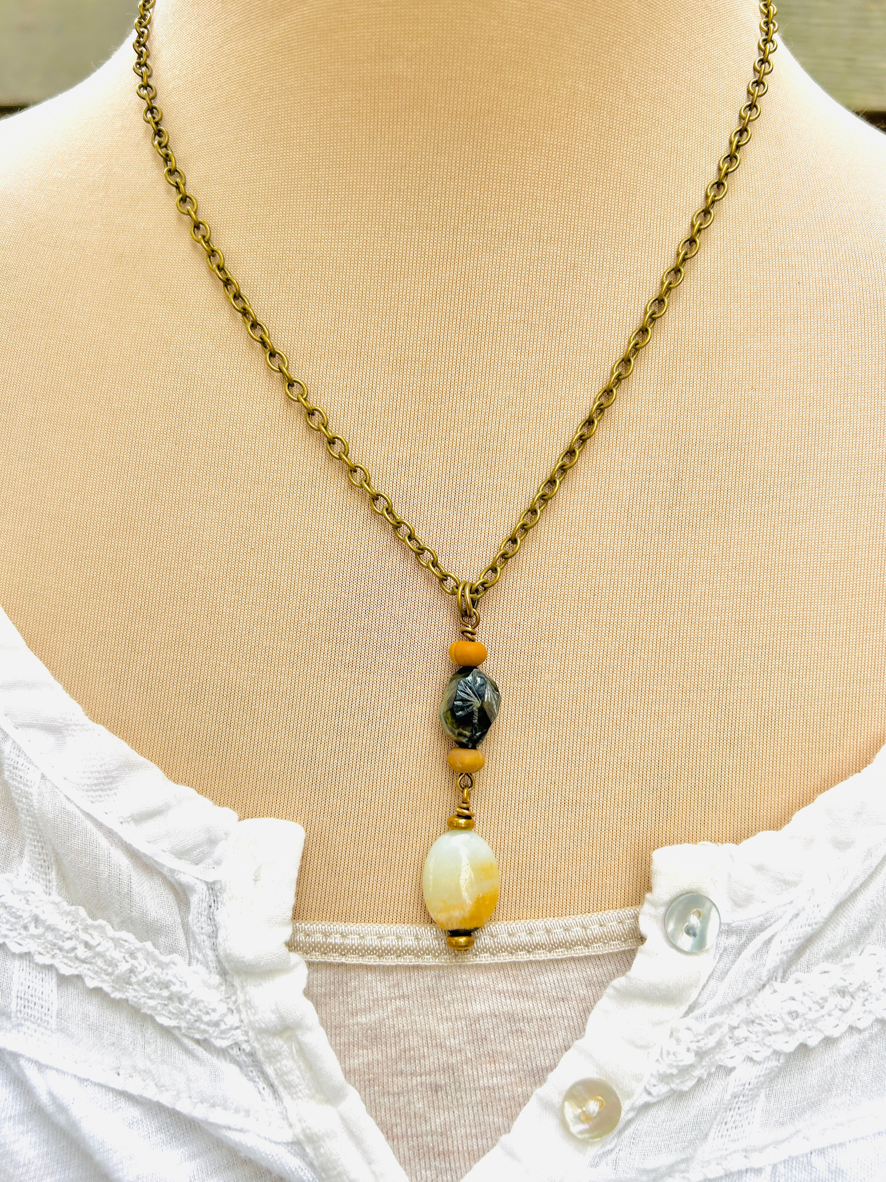 Amazonite & Vintage Lucite Drop Pendant Necklace on Antiqued Brass Chain