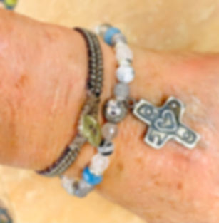 Cross Charm Bracelet: Rutilated & Cloud Grey Quartz, Silver Accents. Size Medium
