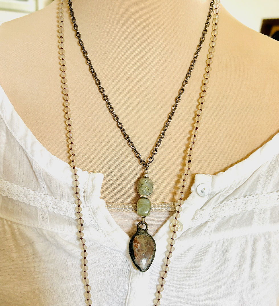 Rustic soldered jasper stone drop pendant with 2 labradorite beads necklace