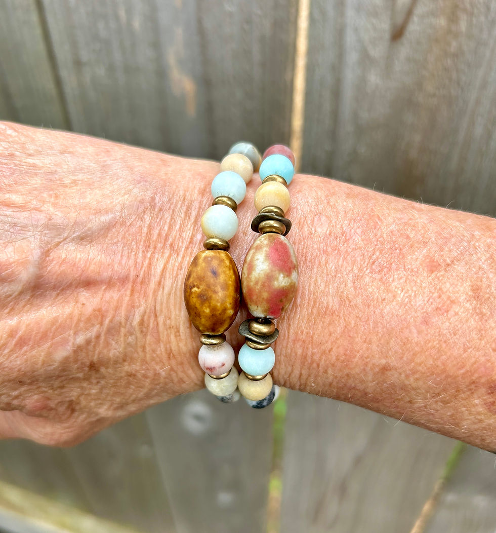 A woman's wrist wearing a stack of two Amazonite stretch bracelets. They feature round, matte multi-colored Amazonite beads 
