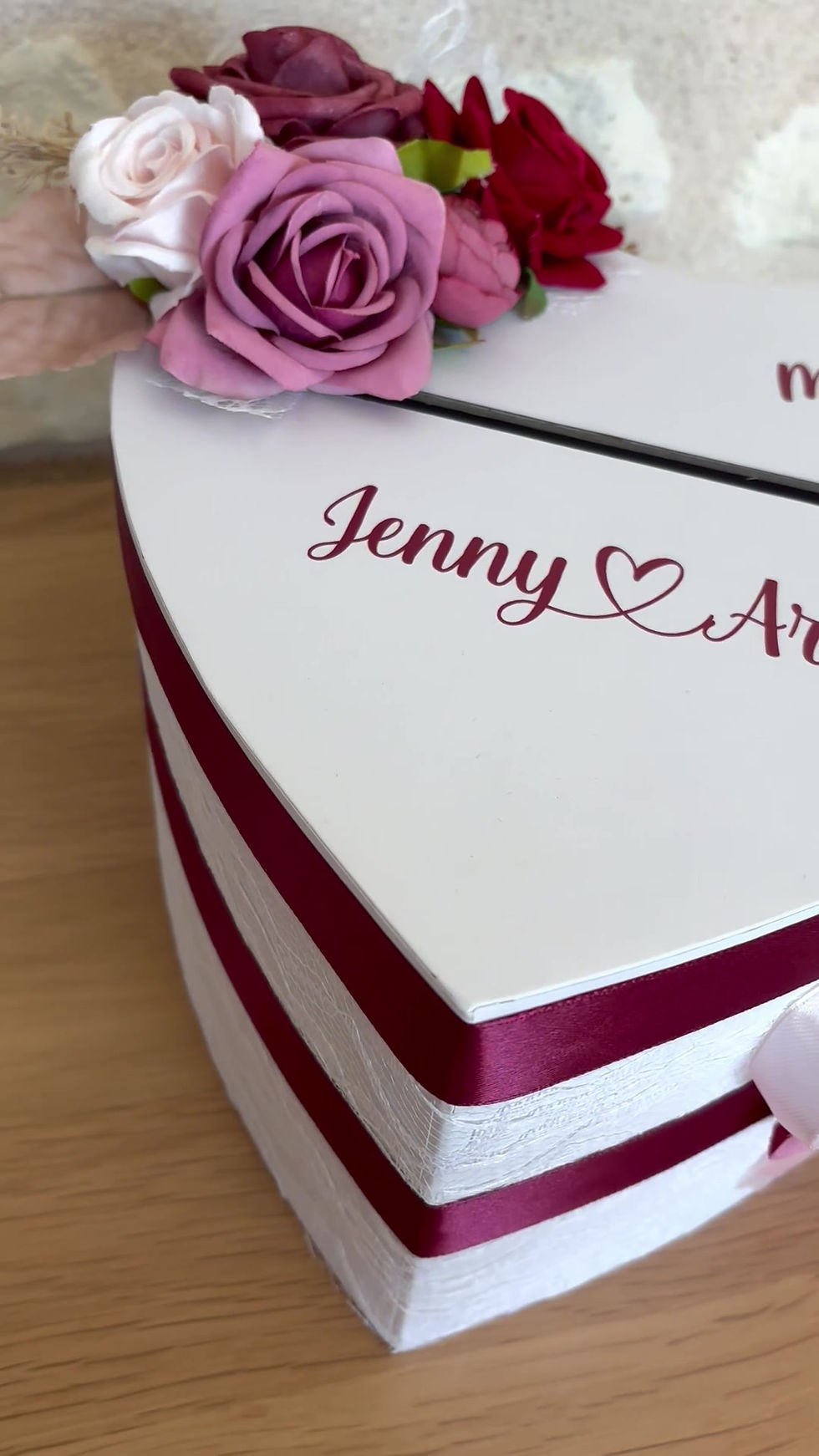 Miniature : Urne coeur mariage, bordeaux rose