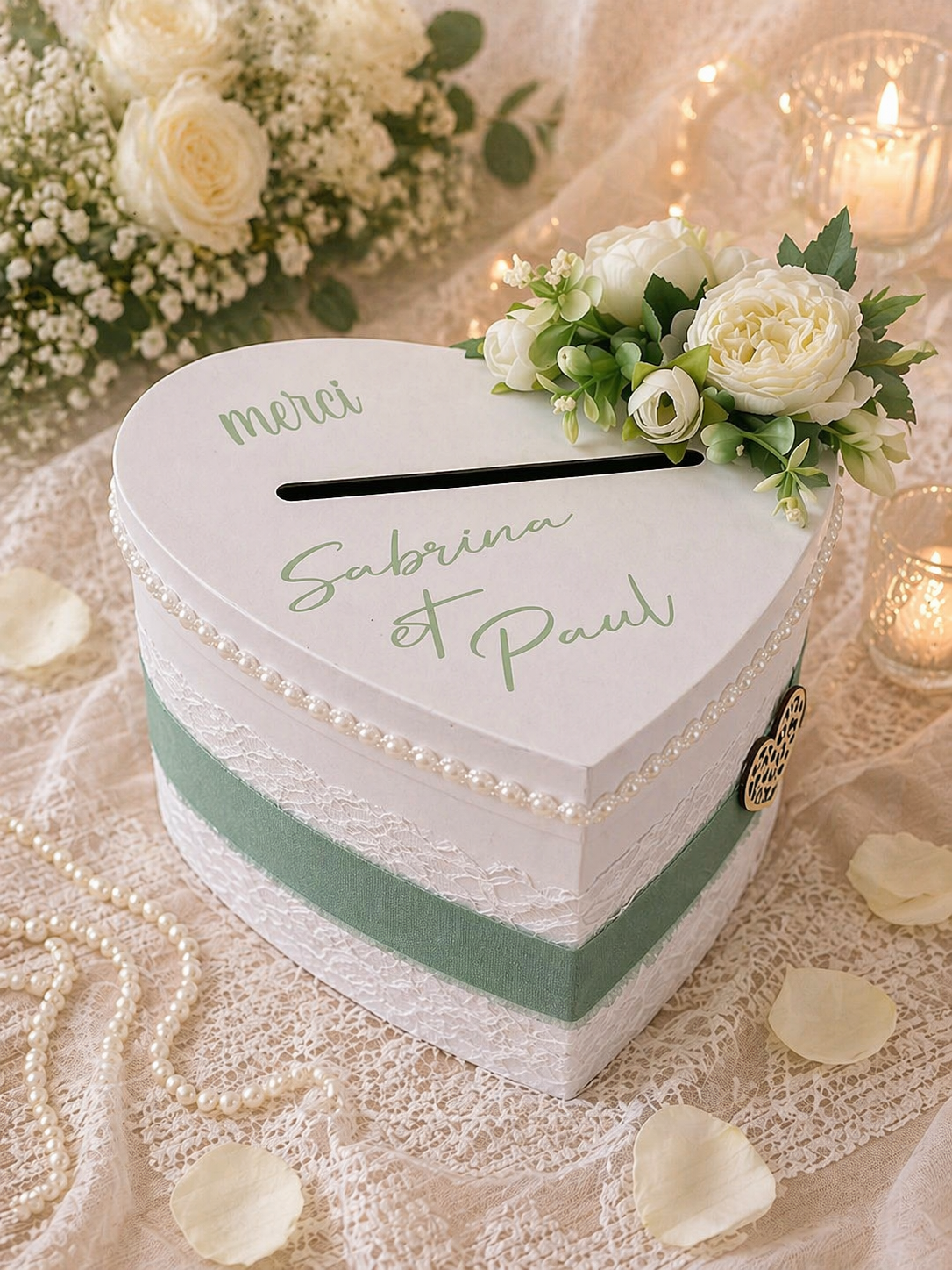 Urne coeur mariage, vert sauge