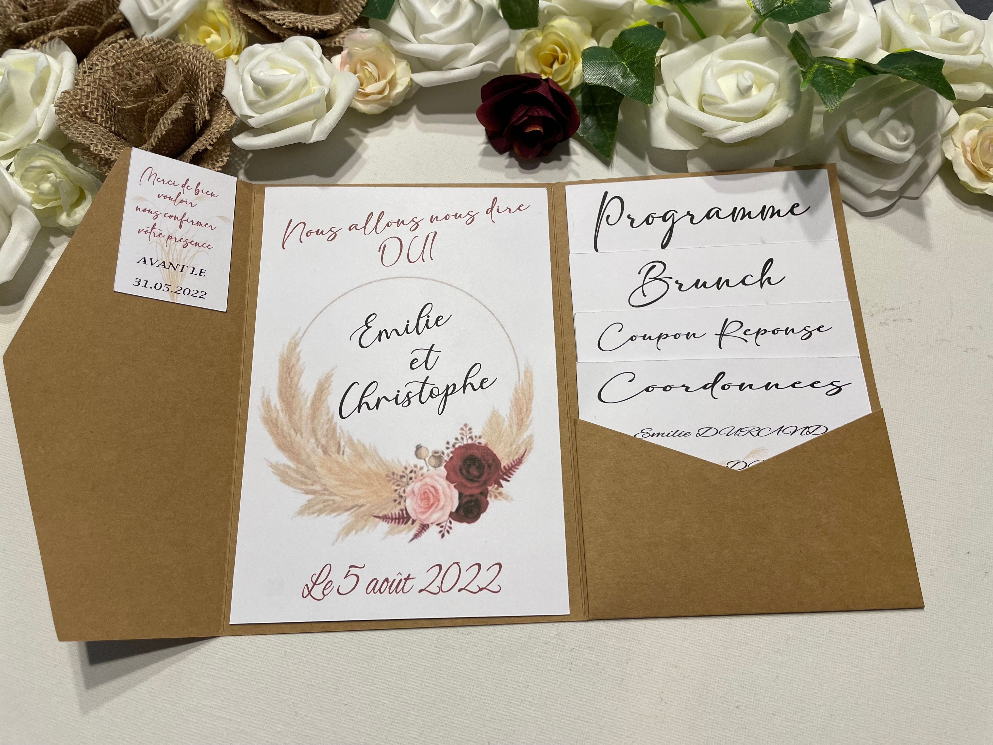 Faire-part mariage pampa terracotta pochette kraft multicartes - FP4