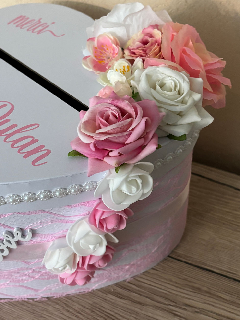 Miniature : Urne coeur mariage, rose et blanc