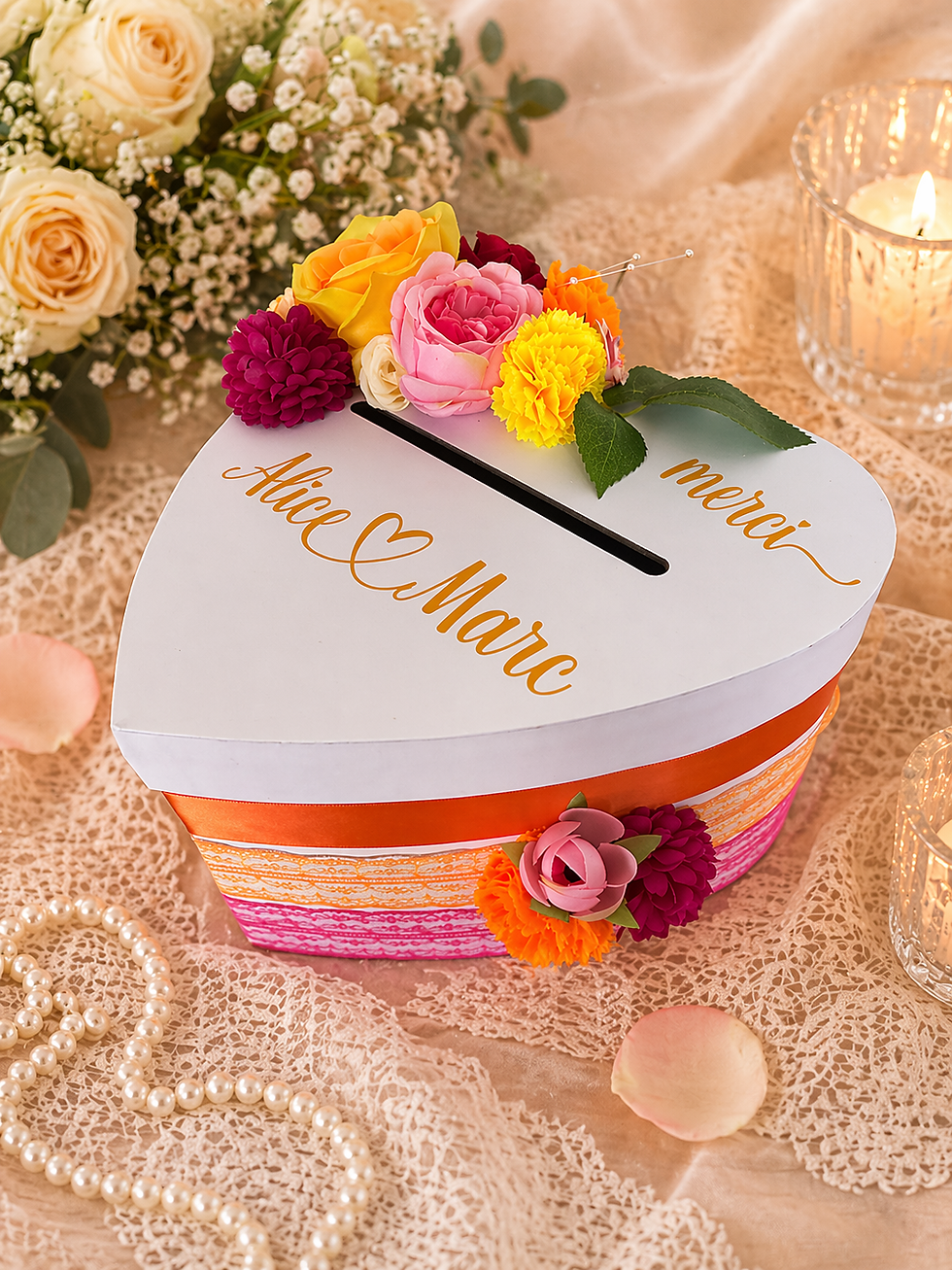Miniature : Urne coeur mariage, orange fuchsia jaune