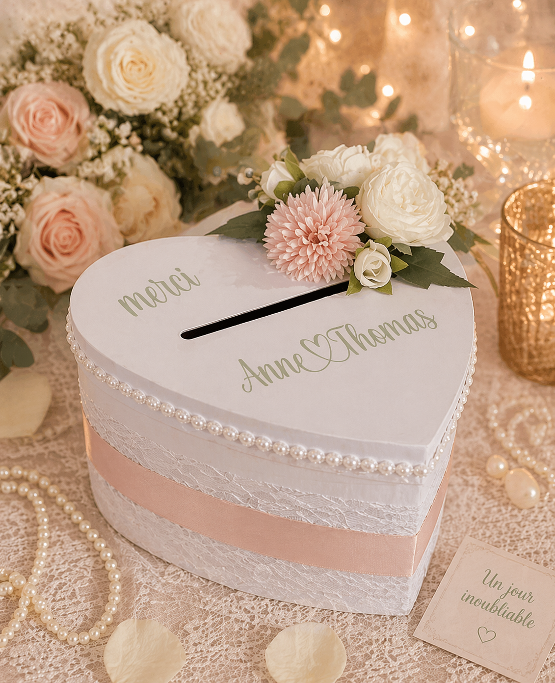 Urne coeur mariage, rose poudré, vert sauge