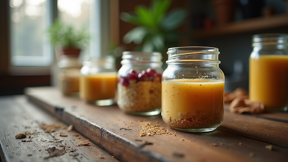 Eye-level view of dessert jars arranged on a rustic wooden table