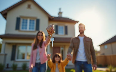 Family-in-front-of-new-home-holding-keys