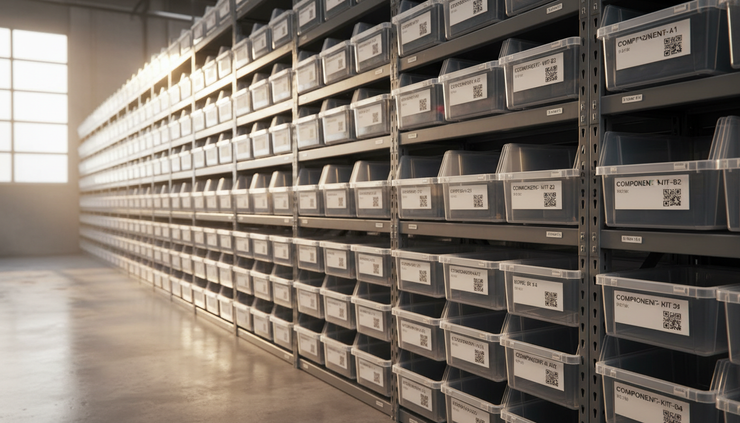 Close-up view of labeled inventory bins on industrial shelving.
