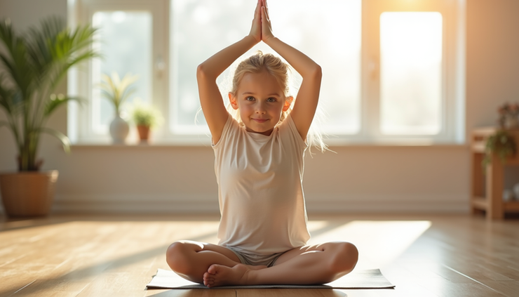Close-up view of a child practicing yoga in a bright room, promoting fitness and calmness