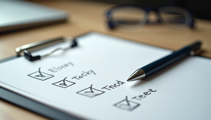 Close-up view of a checklist with completed tasks and a pen on a desk