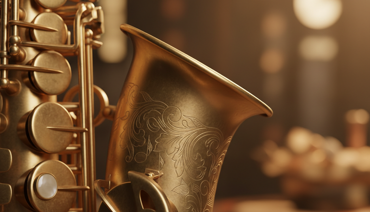 Close-up view of hand-finished saxophone keys and engraved metal