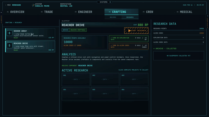 The research tab, once a blueprint completes, you collect it, then you can switch to the crafting tab and craft it