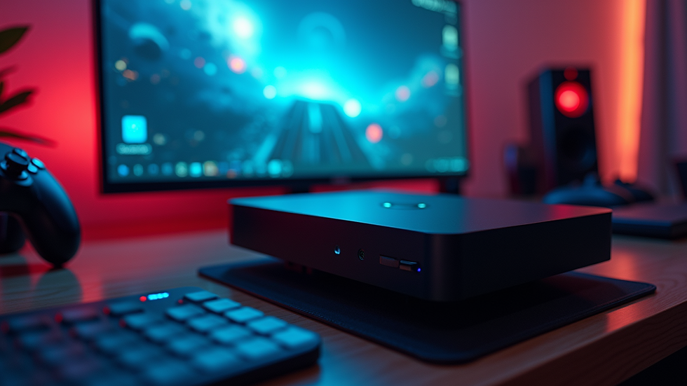 Eye-level view of a gaming setup featuring a sci-fi themed console and accessories