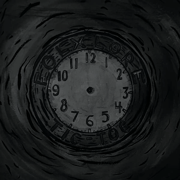 A GIF of the Folxlore season 2 thumbnail: an old timey clock that slowly lights up. Around the clock it says 'Folxlore tic-toc', and the fingers light up to show it is 25 past three.