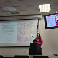 Elicia Ybarra delivering a Pretty Hands, Hard Punches corporate self defense training presentation, teaching employees workplace safety, awareness and empowerment strategies.