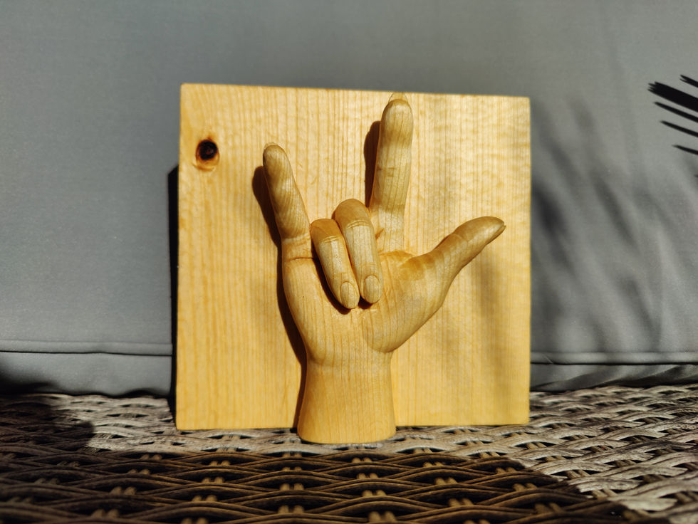 Frontale Aufnahme eines ca 20cm hohen Reliefs einer rechten Hand, welche den Mittel- und Ringfinger geschlossen hält und alle anderen Finger abstreckt also das Symbol für "Rock on" oder für "Liebe" in der Gebärdensprache.