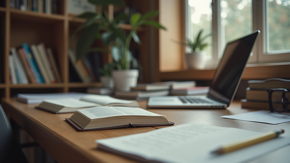 Eye-level view of a study space with books and a laptop