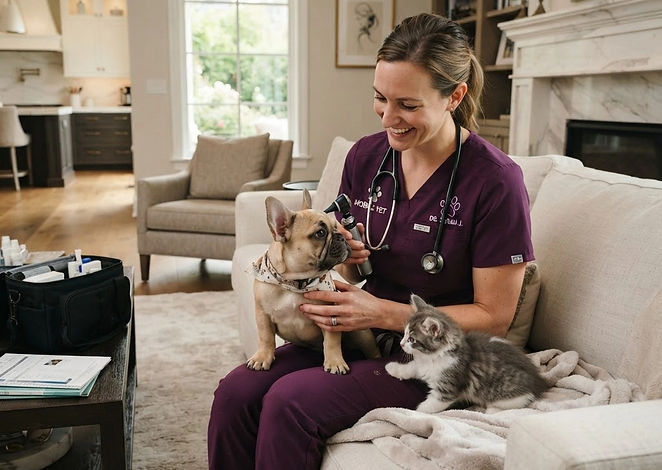 Mobile vet in purple scrubs sees a Frenchie puppy and kitten in a luxury home.jpg