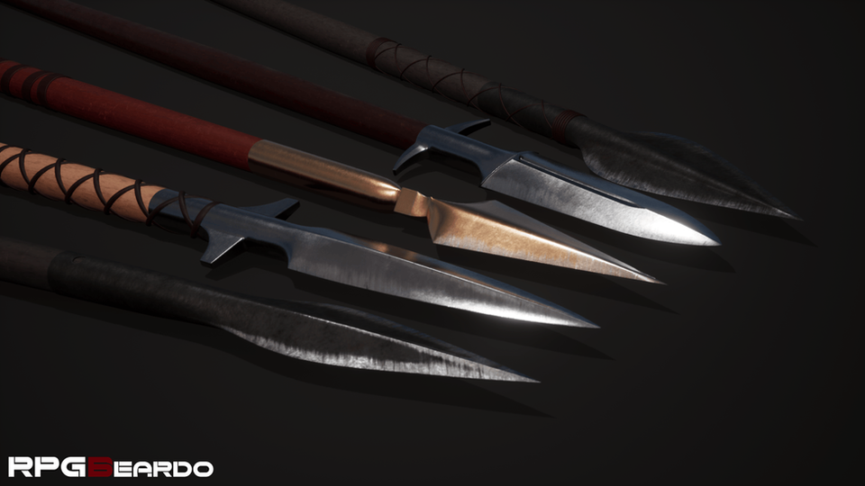 Detailed view of modular medieval spearheads with varied shapes and materials