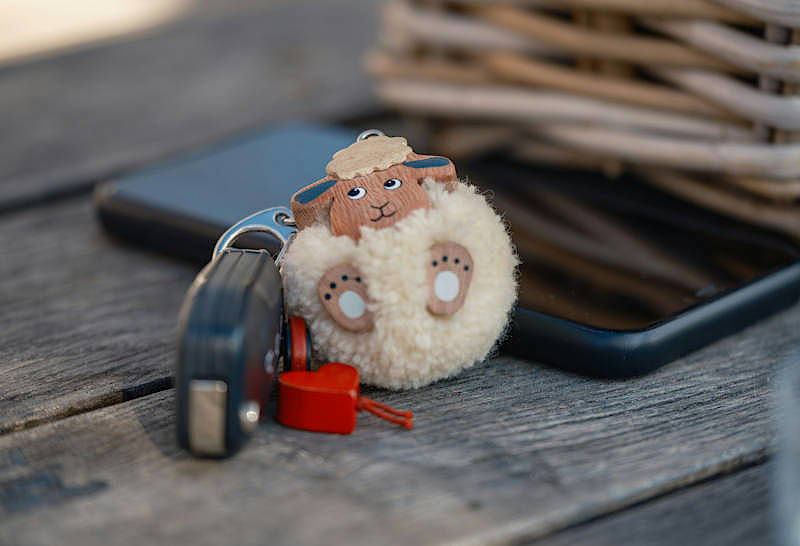Autoschlüssel, an dem ein Plüschschaf hängt. Daneben liegt ein Smartphone.