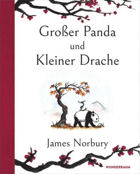 Buchtitel; weißer Hintergrund, oben und unten sind am Buchrand bunte Zweige von japanischen Kirschbäumen gezeichnet. In der Mitte des Buchtitels sieht man einen herbstlichen Ahornbaum unter dem eine Pandabär auf einer herbstlichen Wiese läuft. Der schwarz weiße Panda trägt einen kleinen schwarzen Winddrachen auf dem Rücken. Der schwarze kleine Winddrache sitzt mit dem Gesicht zum Baum, den beide im Rücken haben. In der Ferne sieht man japanische Berge. Alles ist gezeichnet. Text über der Zeichnung: Buchtitel: Großer Panda und Kleiner Drache; Text unter der Zeichnung: James Norbury