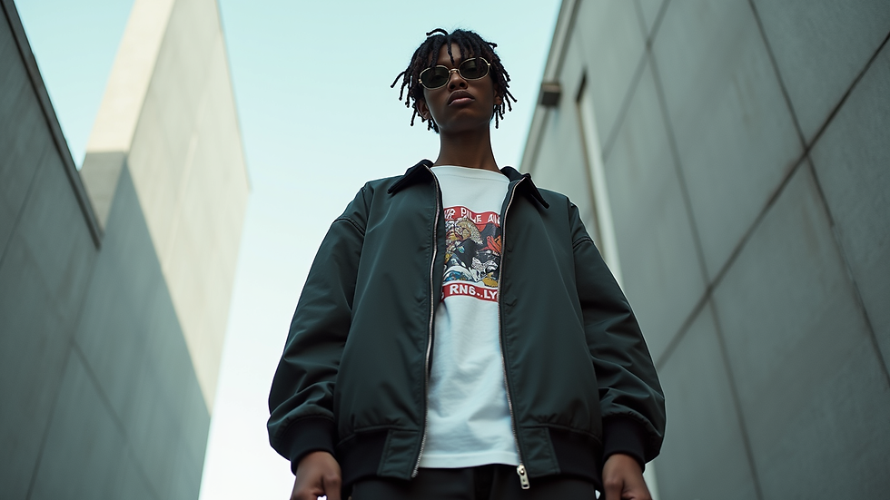 Eye-level view of a streetwear outfit featuring a graphic tee and oversized jacket