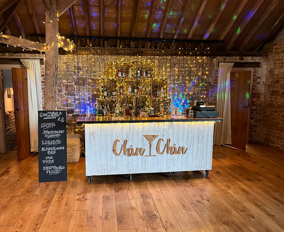 Chin Chin Driftwood Bar at Chris & Chloe's Wedding at Grittenham Barn in West Sussex