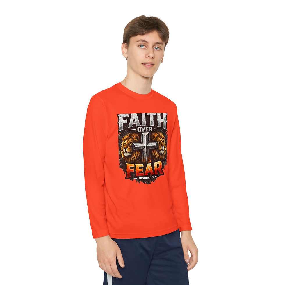 Thumbnail: Faith Over Fear Youth Long Sleeve Tee — Christian Cross Lion Graphic