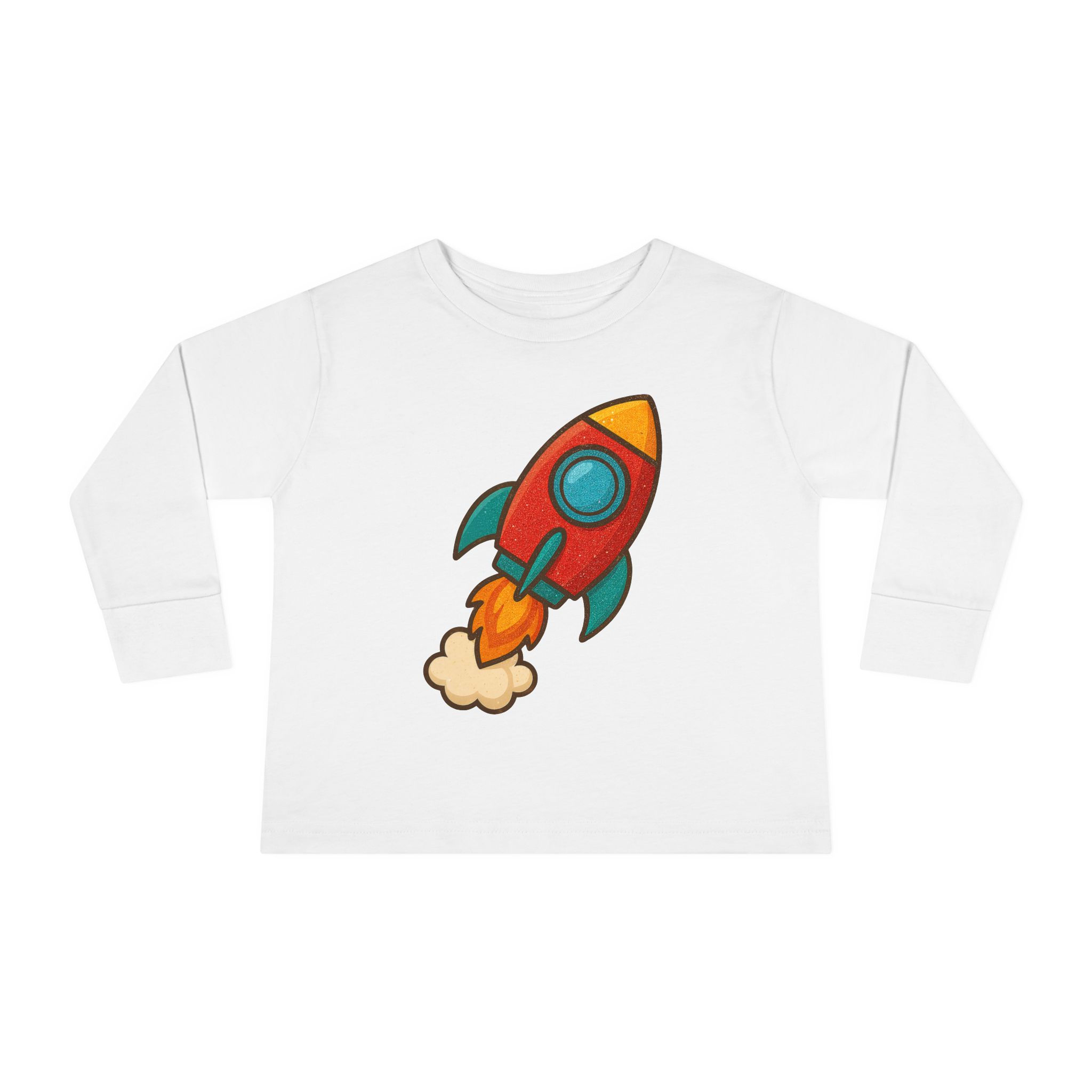Blast Off Toddler Long Sleeve Tee – Cute Colorful Spaceship Graphic