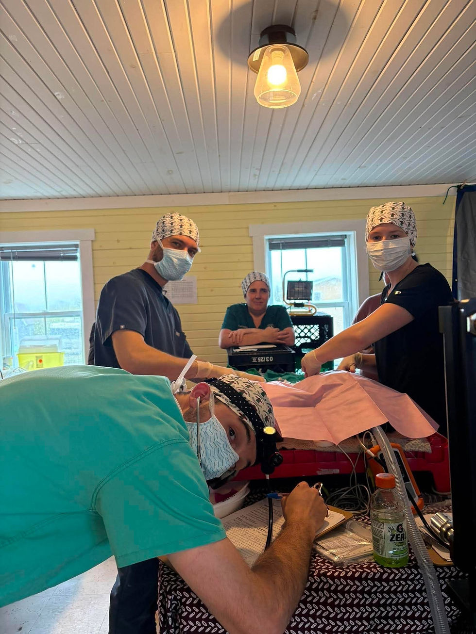 Busy surgery table, dim lighting