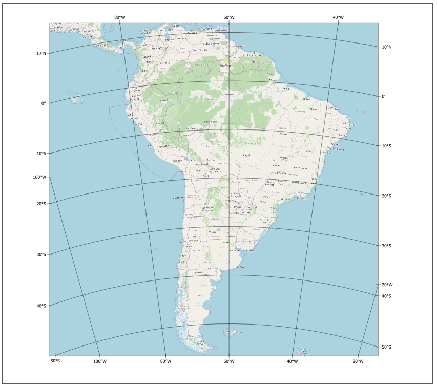 CRS: South America 1969 Projected Coordinate System: South America Equidistanct Class: Conic Scale: 1:28,000,000 Earth Surface: Ellipsoid (horizontal datum & vertical datum) Standard Parallels: 5°S, 42°S, Prime Meridian: 32°W Country: South America Purpose: South America has minimum distortion of distance within and near the standard parallels. It does not keep conformality nor equivalency. Gridlines: The graticules are based on the map unit intervals and is displaying an interval change of 20° longitude & 10° latitude in decimal degrees.