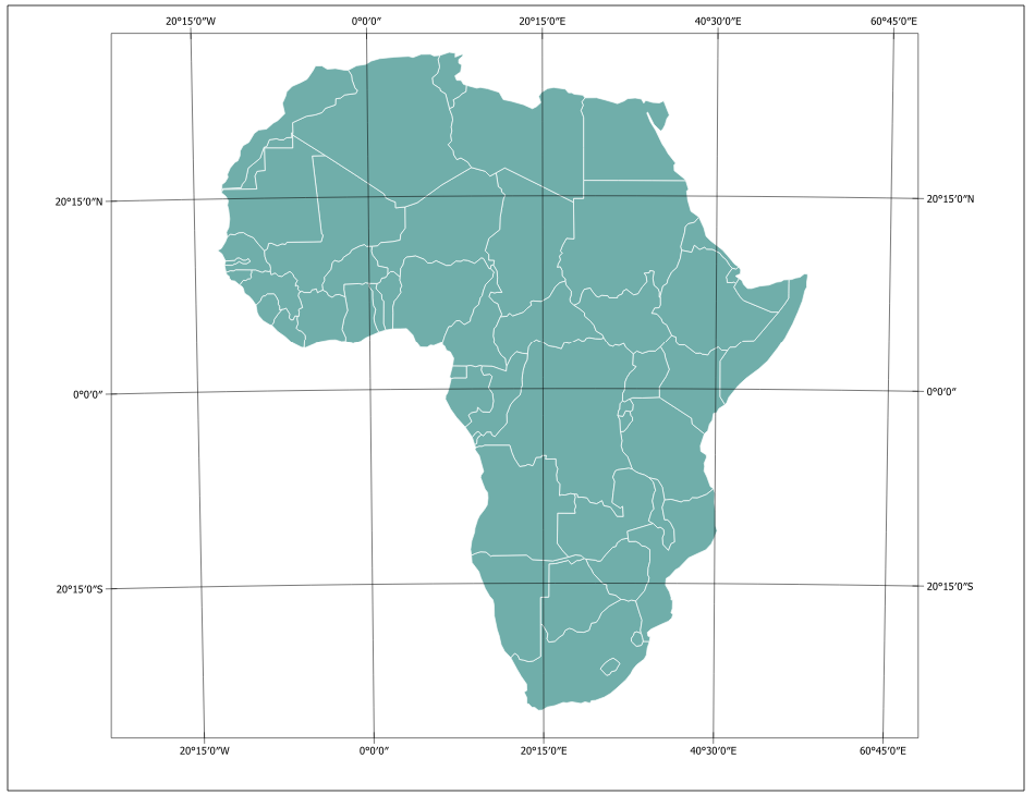 CRS: World Geograpic System (WGS84) Projected Coordinate Systyem: Albers Equal-Area Class: Conic Scale: 1:47,000,000 Earth Surface: Ellipsoid (horizontal datum & vertical datum) Standard Parallels: 20°N, 23°S Prime Meridian: 25°E Country: Aftica Purpose: Accurate equivalency within and near the standard parallels. Gridlines: The graticules are based on the map unit intervals entered and is displaying an interval change of 20° (20.0) for both latitude & longitude in degrees, minutes and seconds.