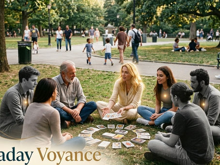 Consultation de voyance en plein air par Artisaday Voyance. Une voyante blonde guide un groupe de personnes assises en cercle dans un parc, certaines personnes incertaines sont représentées en nuances de gris avec une lueur lumineuse au cœur.