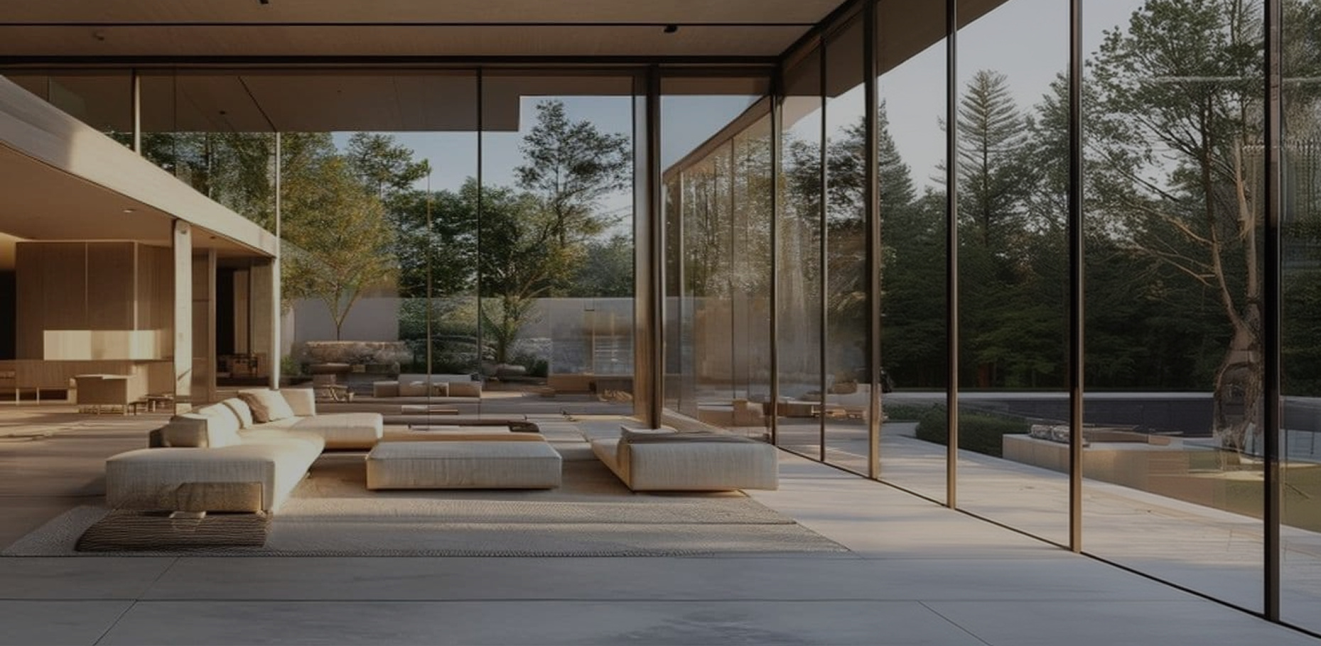 An open-plan living room behind floor-to-ceiling glass, looking out to a courtyard and woodland