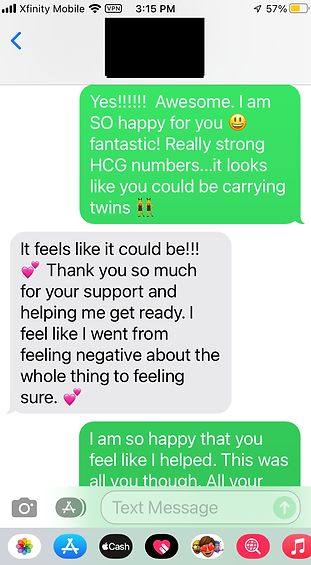 Text messages: strong HCG, possible twins, and gratitude.