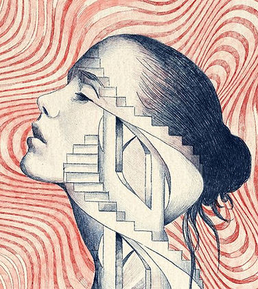 Woman's profile with stairs inside, mental journey