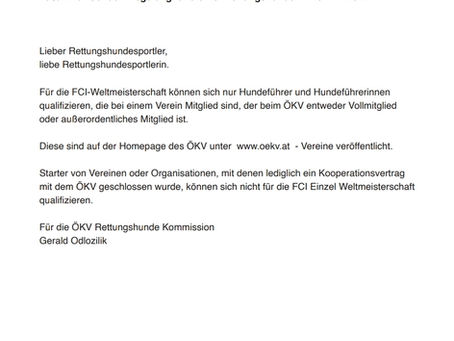 Achtung, Zusatzinformation zur FCI Rettungshunde-Einzel-WM