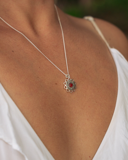 Thumbnail: Silver Mandala Pendant with Carnelian Stone - Boho Symbol Necklace