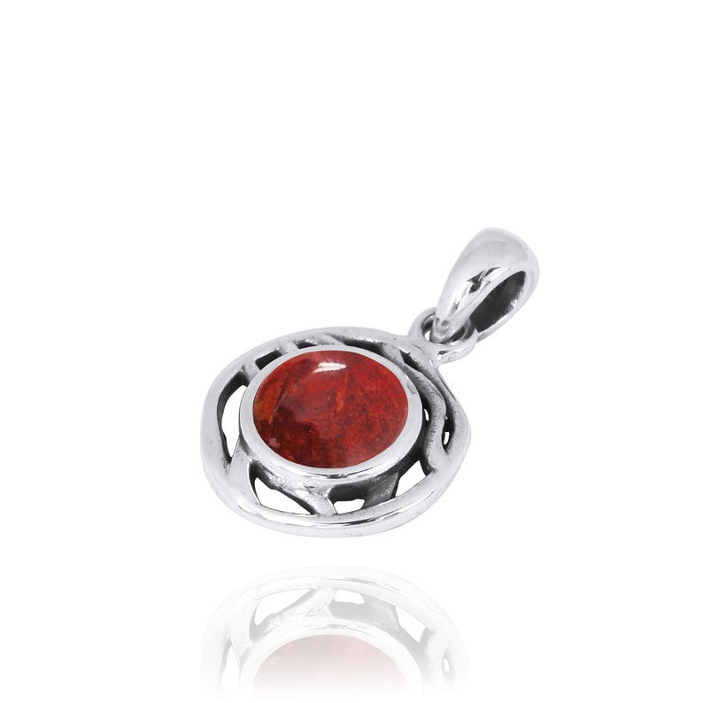 Thumbnail: Sponge Coral Necklace - 925 sterling silver pendant with Red Stone - Round Shape